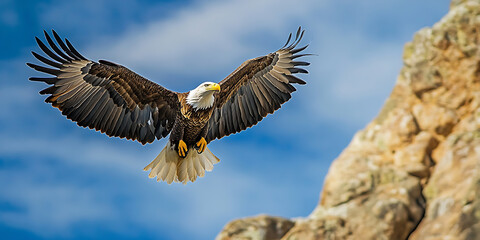 Fototapeta premium Majestic Bald Eagle Soaring in Flight Symbol of American Strength