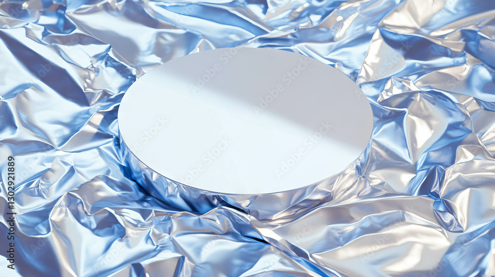 Poster minimalist white circular podium on shimmering silver background for product display