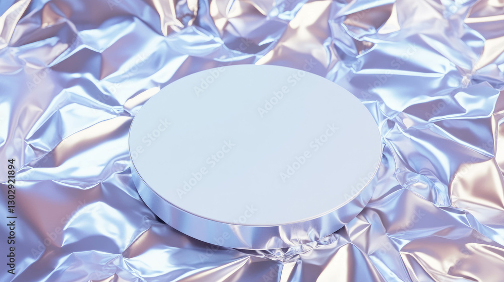 Poster minimalist design with white circular podium on metallic surface