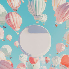 Pastel hot air balloons floating around white circular podium against blue sky