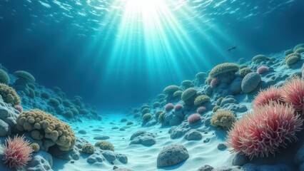 Underwater view of a coral reef with signs of bleaching and environmental stress	