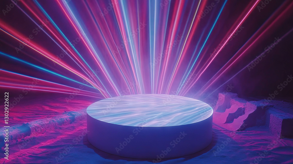 Poster Illuminated stage with neon light beams for futuristic display concepts