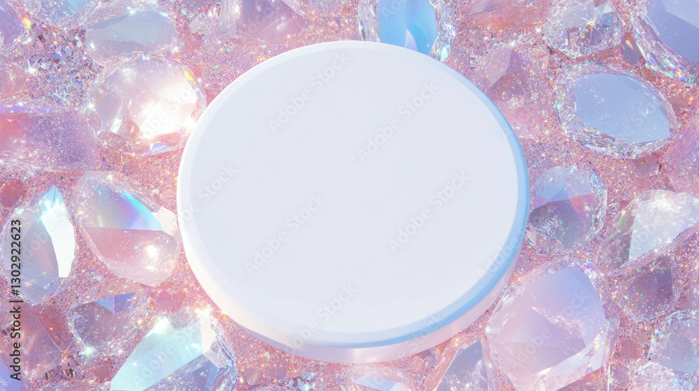 Poster Minimalist white circular podium on sparkling crystal background for elegant display