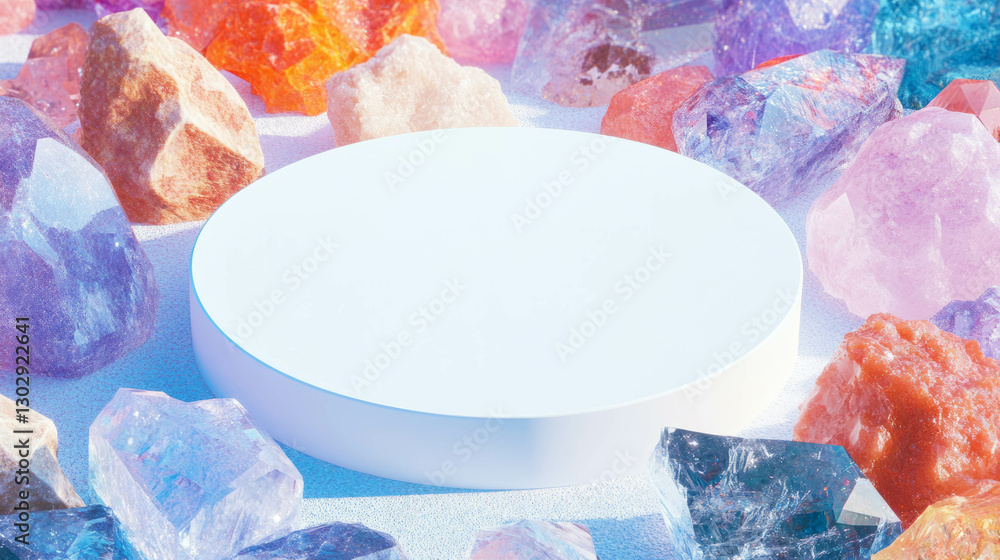 Poster circular podium surrounded by colorful precious stones for elegant display design