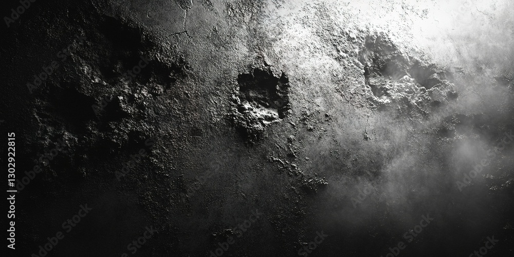 Poster footprints embedded in a dark, textured surface with a mysterious atmosphere and hints of steam risi