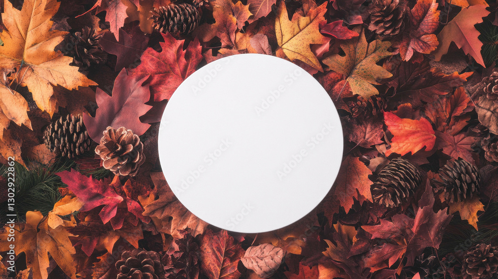 Poster autumn inspired circular podium with colorful foliage and pinecones for seasonal display design