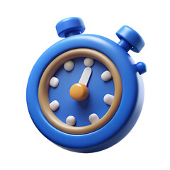 3D Cartoon Blue Stopwatch with Gold Details on Transparent Background