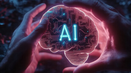 hand holding digital ai brain