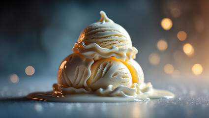 A scoop of melting vanilla ice cream with dramatic lighting, creating an elegant and tempting visual. Perfect for premium dessert concepts and food photography