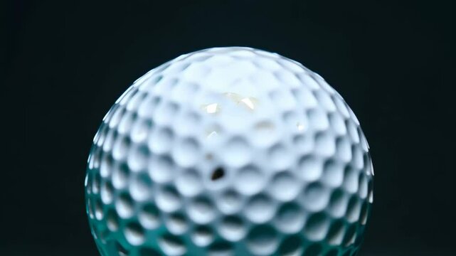 A close-up of a golf ball on a tee, highlighting its unique dimples and texture.
