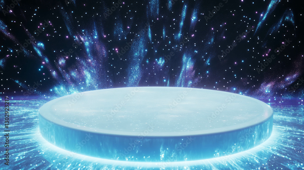 Poster futuristic white circular podium with glowing cosmic backdrop for presentation or display