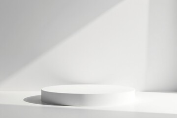 A Minimalist White Circular Platform in Soft Sunlight Against a Blank Wall, Perfect for Product Display or Abstract Composition