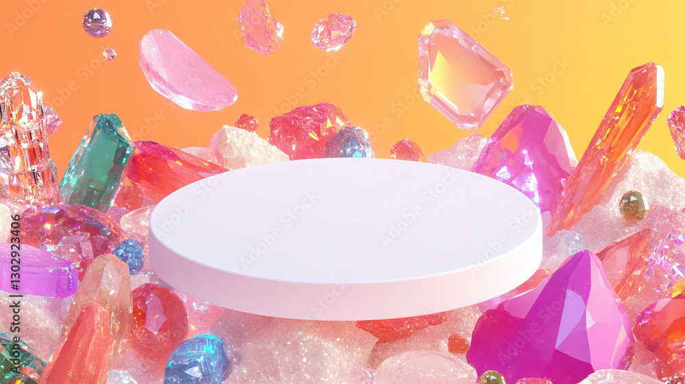 Aufkleber vibrant gemstones and crystals around white circular podium for display and presentation