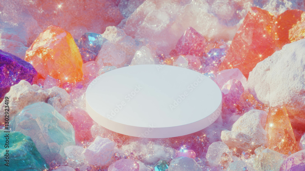 Aufkleber magical crystal display with white circular podium surrounded by colorful gems