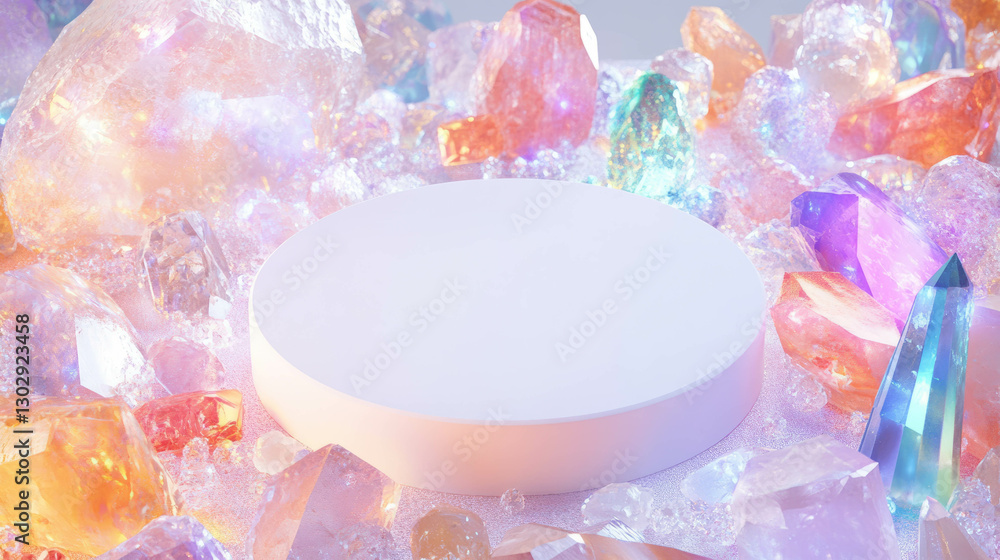 Poster enchanting crystal display with white circular podium for magical product presentation