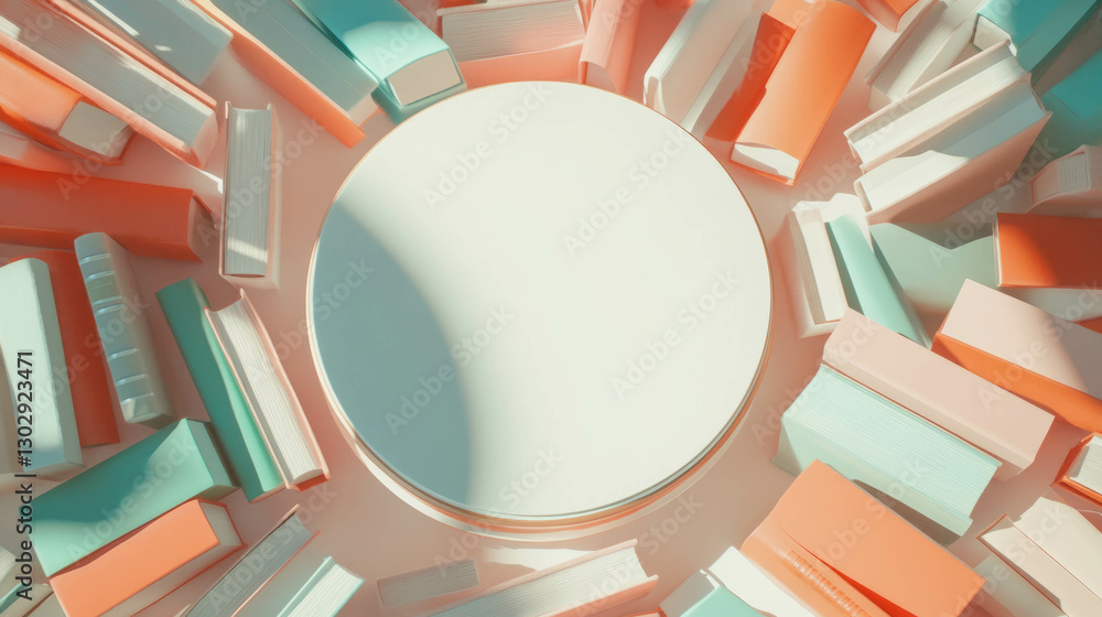 Poster creative display design featuring white circular podium surrounded by colorful books