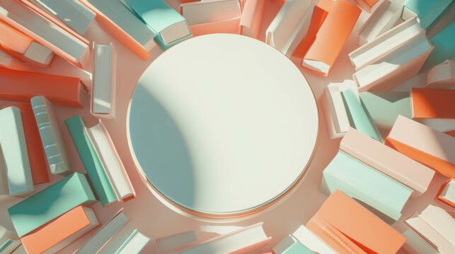Creative display design featuring white circular podium surrounded by colorful books