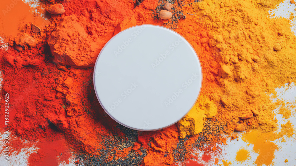 Poster overhead view of white circular podium surrounded by vibrant colorful powders for creative display