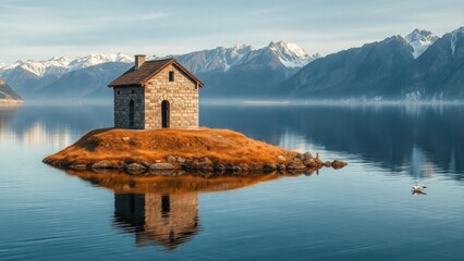 View of the lake and mountains and land in the middle of the lake