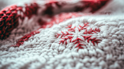 Close-Up of Cozy Knitted Fabric with Red and White Snowflake Pattern – Winter Wool Texture for Holiday Designs, Handmade Crafts & Festive Textile Backgrounds