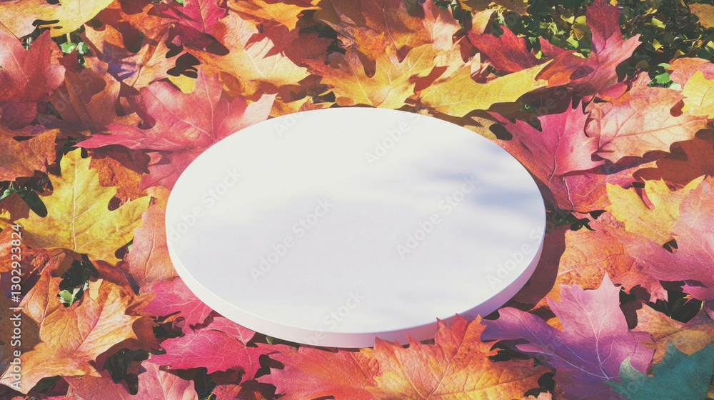 Poster autumn leaves surrounding white circular podium for seasonal design and display concepts