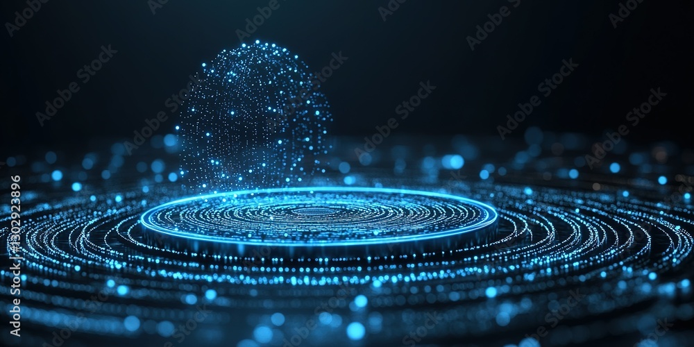Aufkleber digital sphere emerges from a circular pattern of glowing blue particles in a dark environment