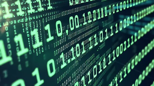 Dynamic green digital binary code cascading on a dark background displaying numerical data and abstract technological patterns