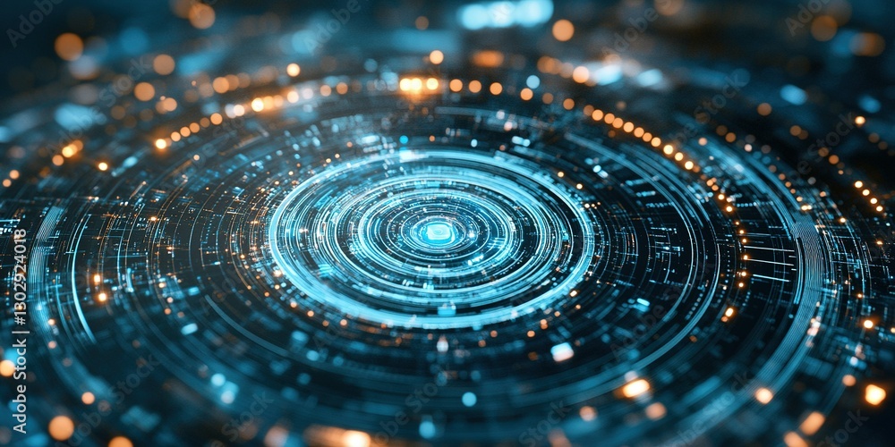 Poster digital circular pattern with glowing elements and intricate details in a futuristic design