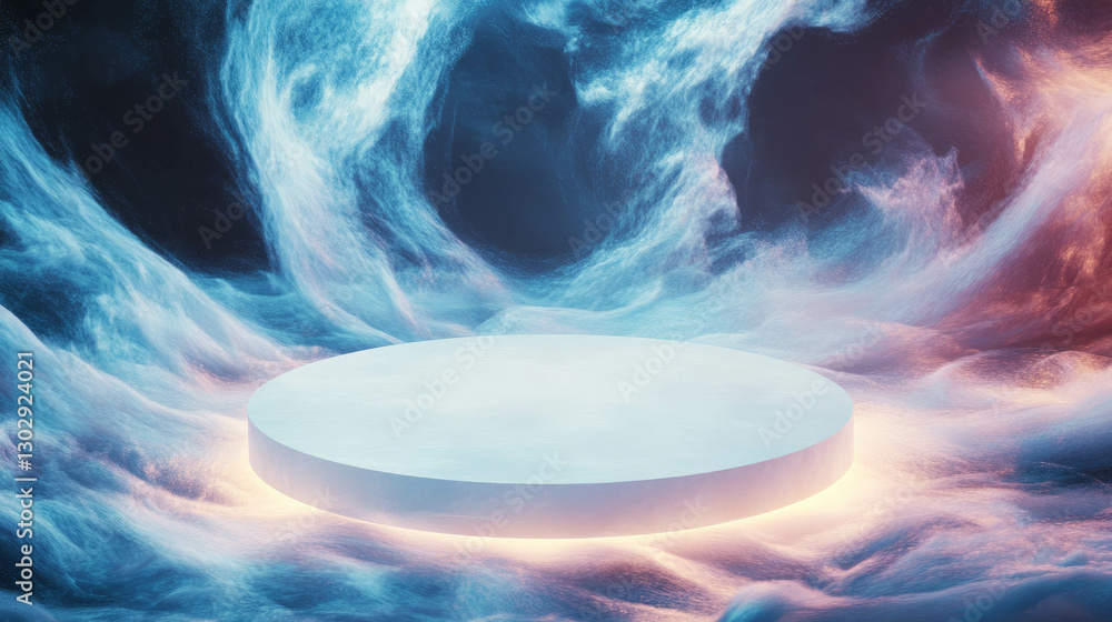 Aufkleber futuristic display podium with ethereal light and colorful swirling clouds background