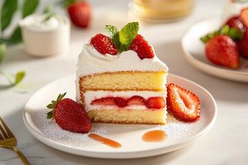 A slice of strawberry cake topped with whipped cream and fresh strawberries, served on a white plate, with a drizzle of sauce and mint leaves for garnish.