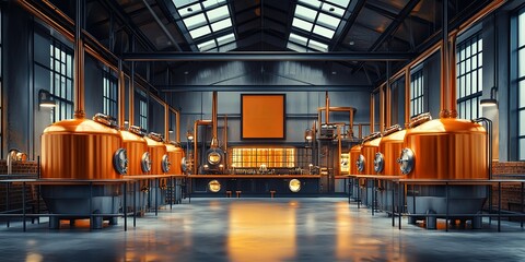Modern brewery interior featuring copper fermentation tanks and industrial design elements