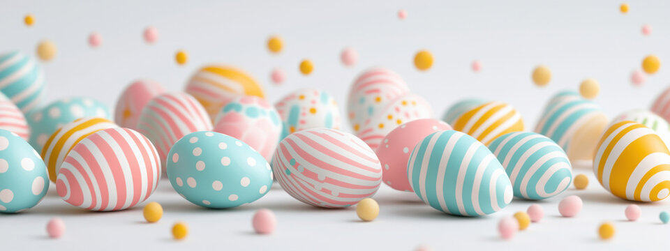 Colorful Easter eggs with striped and polka dot patterns isolated on a white background, - Powered by Adobe