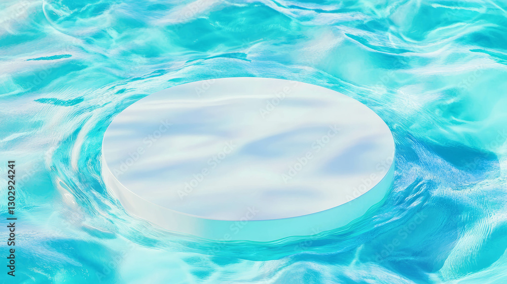 Poster minimalist white circular podium amidst dynamic water surface for product display