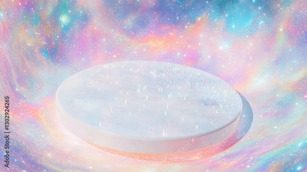 Poster dreamy cosmic scene with illuminated white podium for celestial design concepts