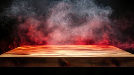 Wood Tabletop with Red and White Smoke Product Mockup Backdrop