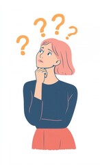 Contemplation: A woman ponders, her face etched with thought, framed by question marks. She seeks answers or faces a complex decision.