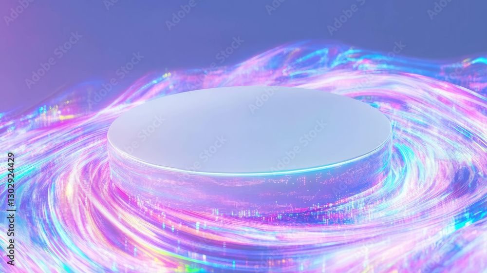 Poster futuristic white circular podium with holographic lights for product display and presentation