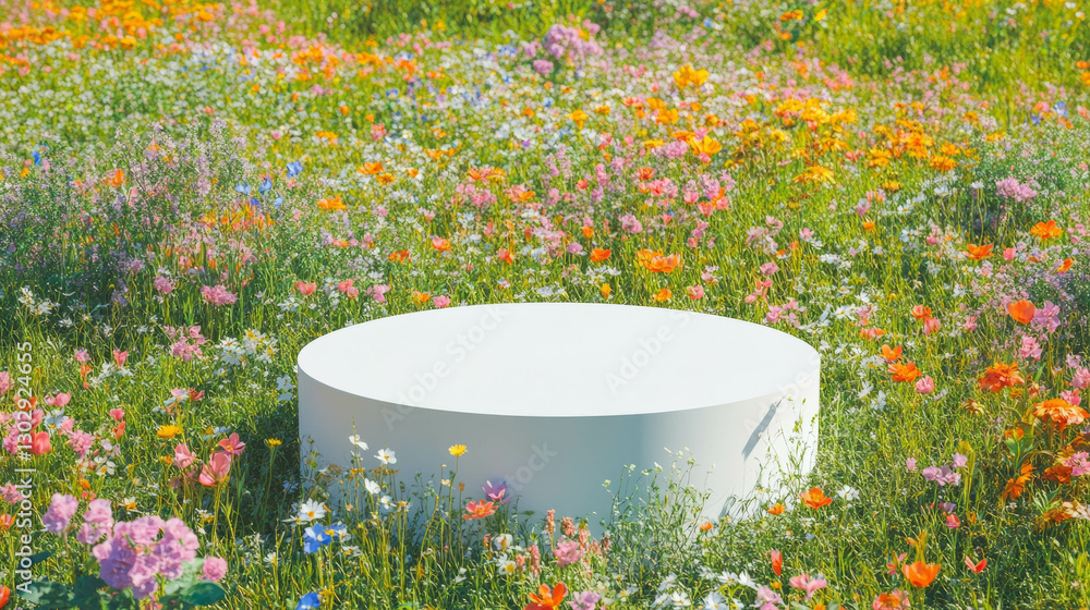 Poster minimalist white circular podium in vibrant flower field for product display design