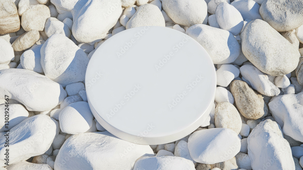 Poster minimalist white circular podium on pebble background for product display