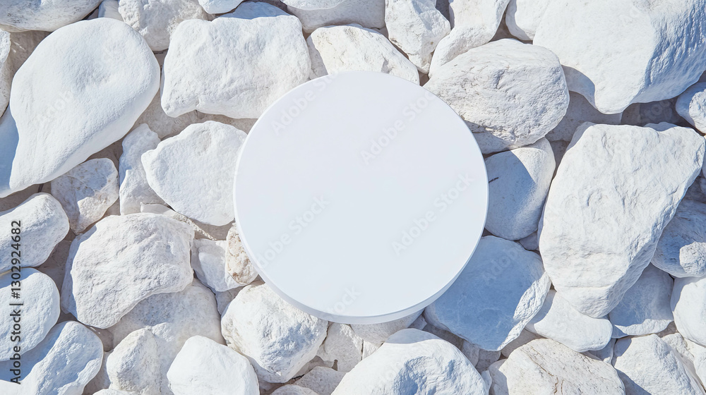 Poster minimalist white circular podium on textured stone surface for product display