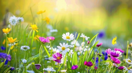 Fototapeta premium Vibrant Wildflower Meadow in Morning Sunlight