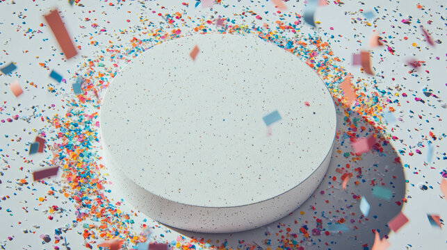 Festive confetti celebration with white circular podium for event display design