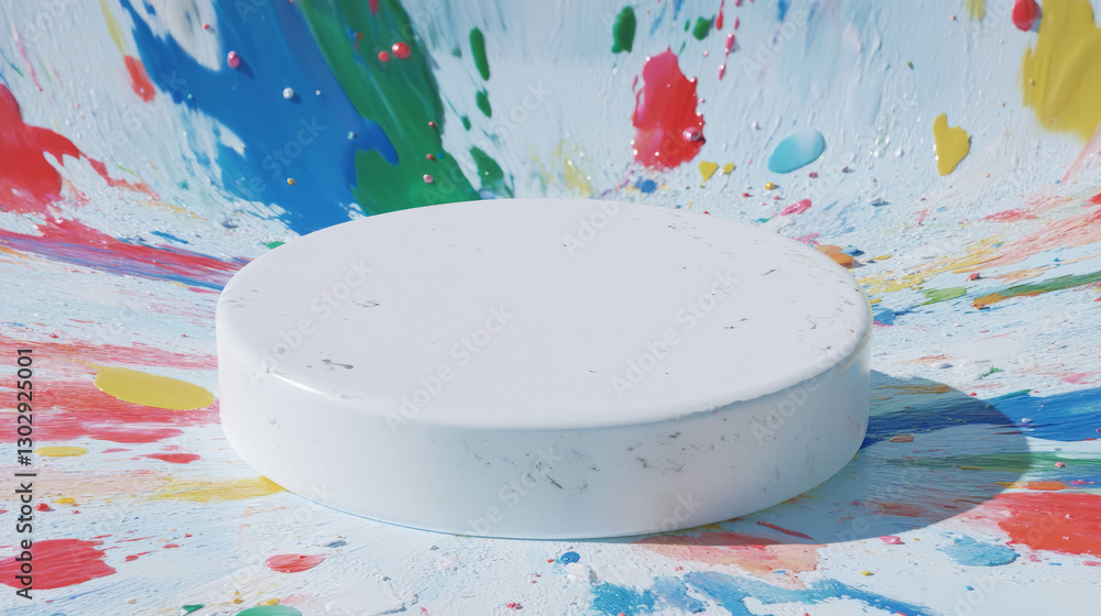 Poster abstract art concept with white circular podium on colorful splattered background for creative desig
