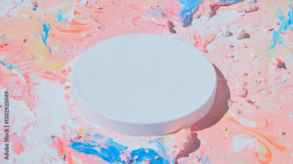 Poster minimalist white circular podium on colorful pastel abstract background for creative display