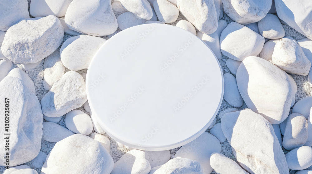 Poster minimalist white circular podium on smooth white stones background for design display