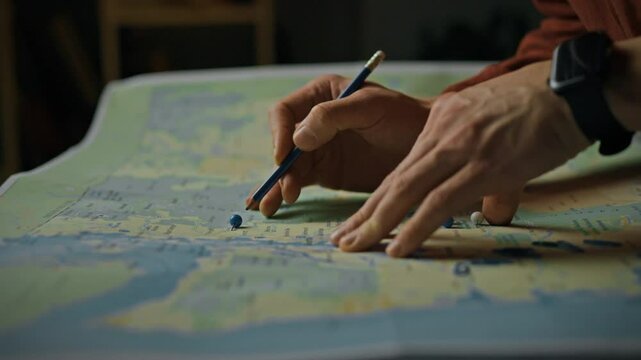 A person marks relevant locations on a map using a pencil and blue pins, engaged in planning an upcoming trip. This thoughtful activity takes place indoors, highlighting the importance of preparation