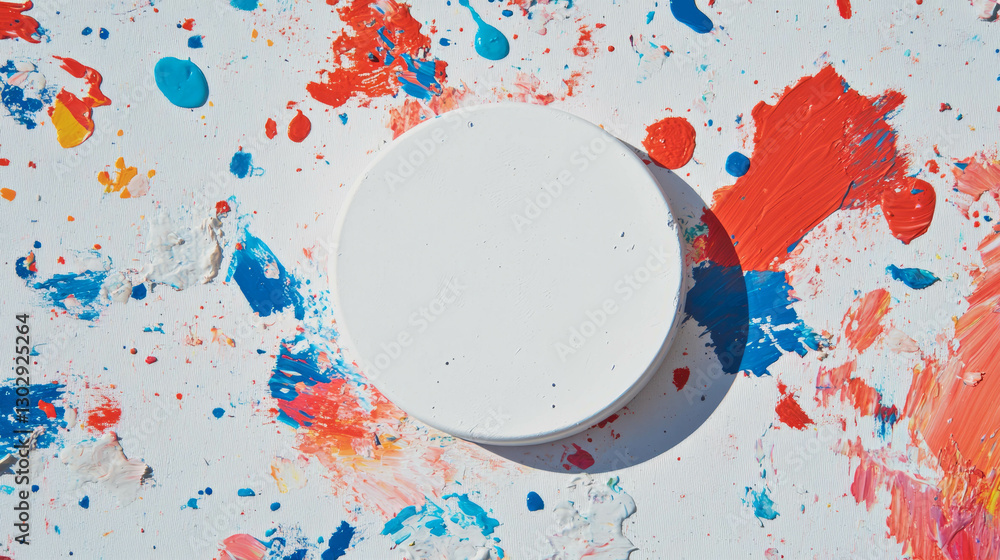 Poster abstract art scene with white circular podium and colorful paint splashes