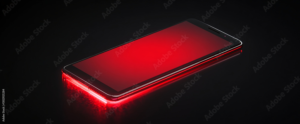 Aufkleber close-up view of a smartphone with a glowing red screen, placed on a dark reflective surface, symbol