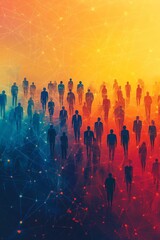 Abstract silhouettes of a crowd walking through vibrant colors and connections.