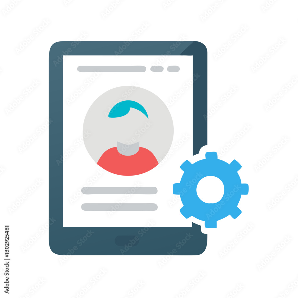 Aufkleber profile settings interface displayed on a tablet with a gear icon for customization